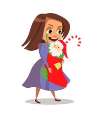 Happy girl holding gift stocking isolated on white