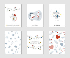 Collection of 6 vector Christmas card templates. Winter posters set. Vector illustration. Templates for greeting cards, posters, gift tags. Creative hand drawn cards for holidays and parties