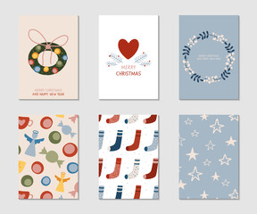 Collection of 6 vector Christmas card templates. Winter posters set. Vector illustration. Templates for greeting cards, posters, gift tags. Creative hand drawn cards for holidays and parties