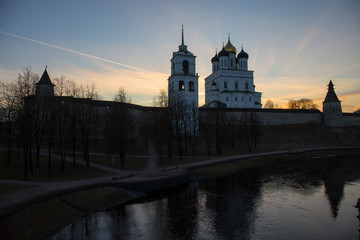 Panorama of the medieval fortress and the Cathedral at sunset. Pskov, Russia.