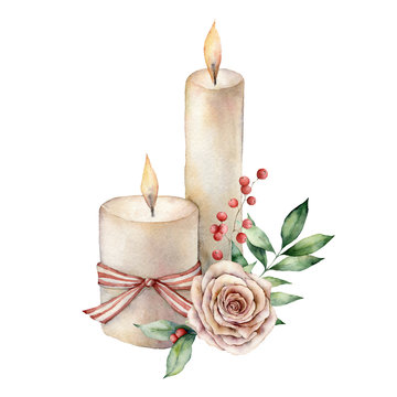 Watercolor candles with Christmas floral composition. Hand painted rose, eucalyptus branch, red berry and striped bow isolated on white background. Illustration for design, print, fabric, background.