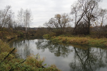 Gloomy morning at Russian village in October