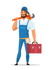 Man plumber with wrench and tools box isolated