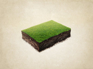 realistyczny rendering 3D przekrój ziemi z ziemią i zieloną trawą. Ilustracja na białym tle - 301243117