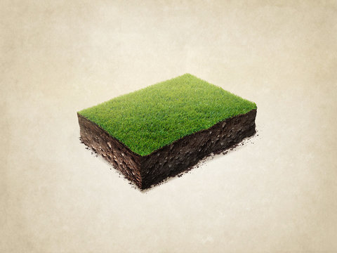realistic 3D rendering soil ground cross section with earth land and green grass. Isolated illustration 