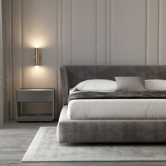 Beige grey bedroom interior with luxury brass wall lamps