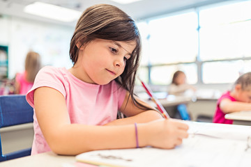 education and school concept little student girl studying at school