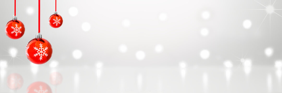 Christmas banner, red balls, snowflakes and lights background