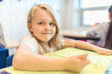 education and school concept little student girl studying at school