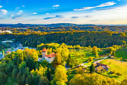 Panoramic view of Dubovac old town in autumn from drone, medieval castle in Karlovac, Croatia