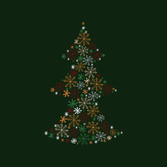 The shape of the Christmas tree of snowflakes of different colors and sizes. The object is isolated on a dark background