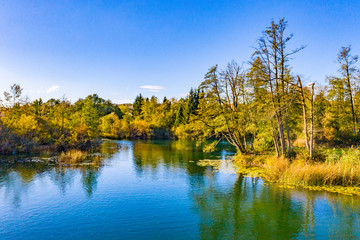 Panoramic view of Mreznica river in autumn from drone, Croatia, popular touristic destination