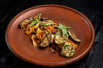 Pasta dish: Fried grilled eggplant and zucchini with pasta.