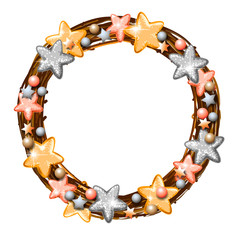 Decoration Christmas wreath of interwoven branches with stars and pearls on a white background. twisted branches