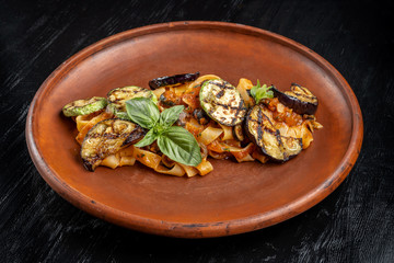 Pasta dish: Fried grilled eggplant and zucchini with pasta.