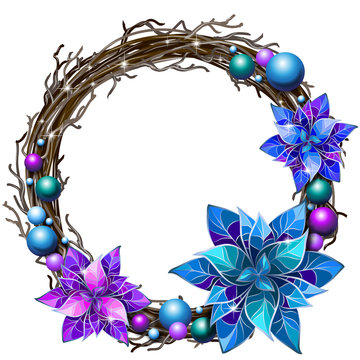  Decoration Christmas wreath of interwoven branches with blue flowers and colored pearls on a white background.