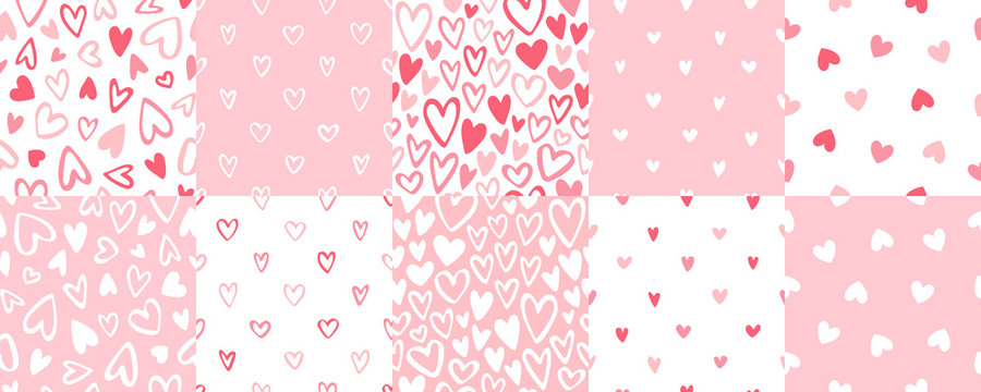 Cute doodle style hearts seamless vector patterns set. Valentine's Day handwritten background collection. Marker, brush drawn different outline heart shapes, silhouettes. Hand drawn ornamentation.