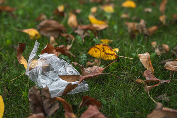 Little plastic bag on the grass. Pollution, environment. Package, PET, autumn leaves on the lawn. Nature.