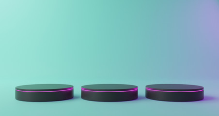 Black blank product stand with purple neon lights on pastel colors background. Geometric figures in modern minimal design. Realistic mock up for promotion,banners background, product show,3d rendering