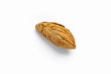One almonds in shell lies on a white background