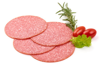 Salami sausage slices, isolated on white background