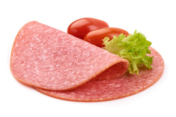 Smoked salami slices, thinly sliced sausage, isolated on white background