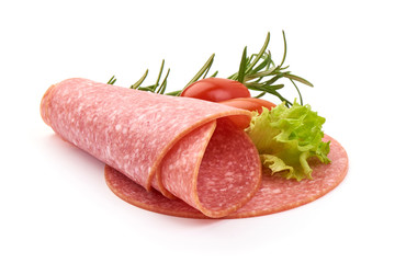 Thin salami sausage slices, isolated on white background