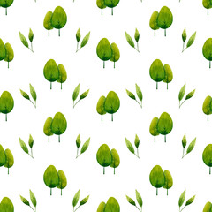 Seamless pattern with watercolor green trees and leaves. Hand drawn illustration isolated on white. Template is perfect for ecological design, social media background, fabric textile, wallpaper