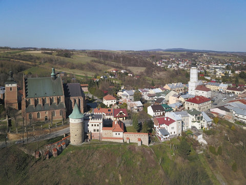Biecz, Poland - 4 4 2019: Panorama of the ancient Polish city of Bech. Aerial photograph taken from a bird's flight shot by a quadrocopter or drone. Tourist place of medieval Carpathians architecture