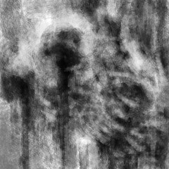 Skull with flowing blood from the eyes. Black and white illustration in horror genre with coal and noise effect