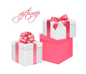 Set of white and pink gift boxes. Gift wrapping with red and pink ribbons and bows. Isolated design element for holiday offer, sale and discounts, anniversary and birthday.