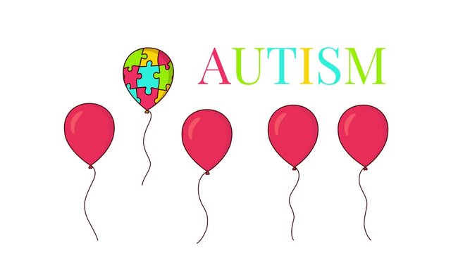 World autism day awareness cartoon animation with a balloon made of puzzle pieces flying away from the row of red balloons. Standing out of the crowd. Seamless looped motion graphics.
