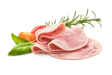 Thinly Sliced Ham, boiled sausage, isolated on white background