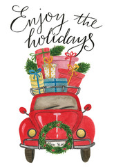 Watercolor red retro car with a Christmas wreath and a large number of multi-colored gifts and Christmas tree branches on the roof and handwritten lettering "Enjoy the holidays" on a white background.