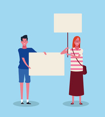 woman and man protesting with blank placards, colorful design