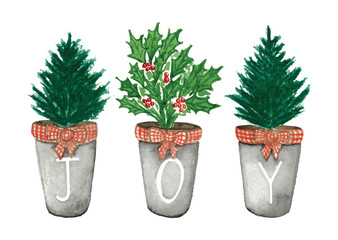 Watercolor Christmas trees and holly in pots with the inscription "JOY" Isolated on a white background.