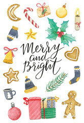 Watercolor card with Christmas icons and handwritten lettering 