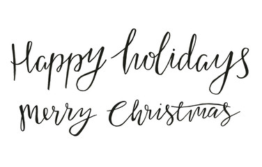 Handwritten black lettering "happy holidays" and "merry christmas" isolated on white background.