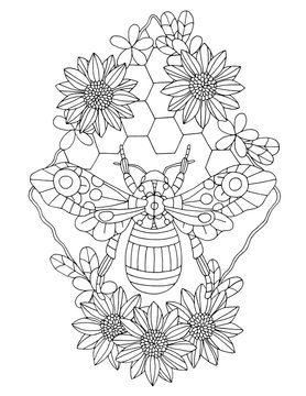 Outline vector illustration of zen art bee in flower frame, honeycombs, sunflowers for anti-stress coloring book. Coloring page for adults and children, zen tangle, doodle
