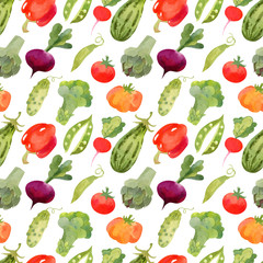 Seamless pattern with fresh watercolor vegetables. Cucumber, beet, pumpkin, broccoli, artichoke, pepper, tomato, peas, squash