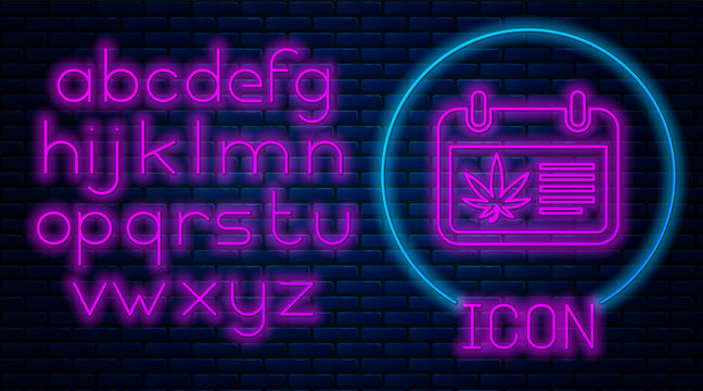 Glowing neon Calendar and marijuana or cannabis leaf icon isolated on brick wall background. National weed day. Hemp symbol. Neon light alphabet. Vector Illustration - Powered by Adobe