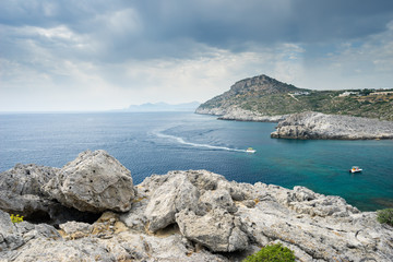 Fototapeta na wymiar Ladiko Bay near Faliraki a popular tourist destination on the Greek island of Rhodes Greece Europe