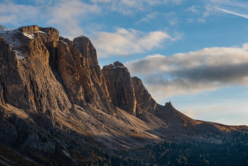 Mountain peaks in the famous dolomite mountains during sunrise, South Tyrol, Italy
