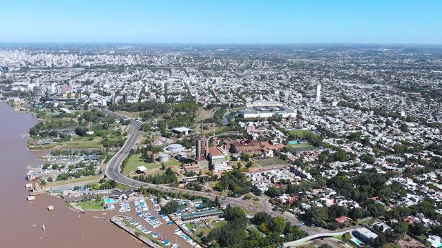 Rosario, Argentina, bank of the Parana River (aerial view, drone footage)