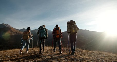 Group of four young people having a hiking tour, going for trekking adventure together, reaching top of mountain and cheering - friendship, achievement concept 4k footage - Powered by Adobe