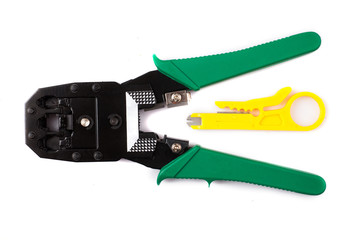 Crimping tool isolated on white background, use for twisted pair network cable with handful of RJ-45 connector