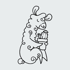 Cute furry llama cute card. Cute alpaca drawing hand drawn vector image for cards, prints, t-shirts, cases, designs.