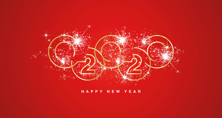 Happy New Year 2020 line design golden rings with sparkle firework white red greeting card