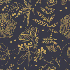 Golden flowers seamless pattern on trendy Dark coal background with traditional Czech folk art ornaments for Christmas invitation, postcard xmas, spring banner, fabric print and web design.