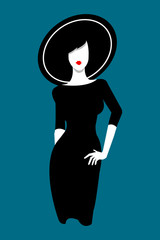 Creative concept beauty fashion vector illustration elegant woman girl posing wearing black dress and hat.